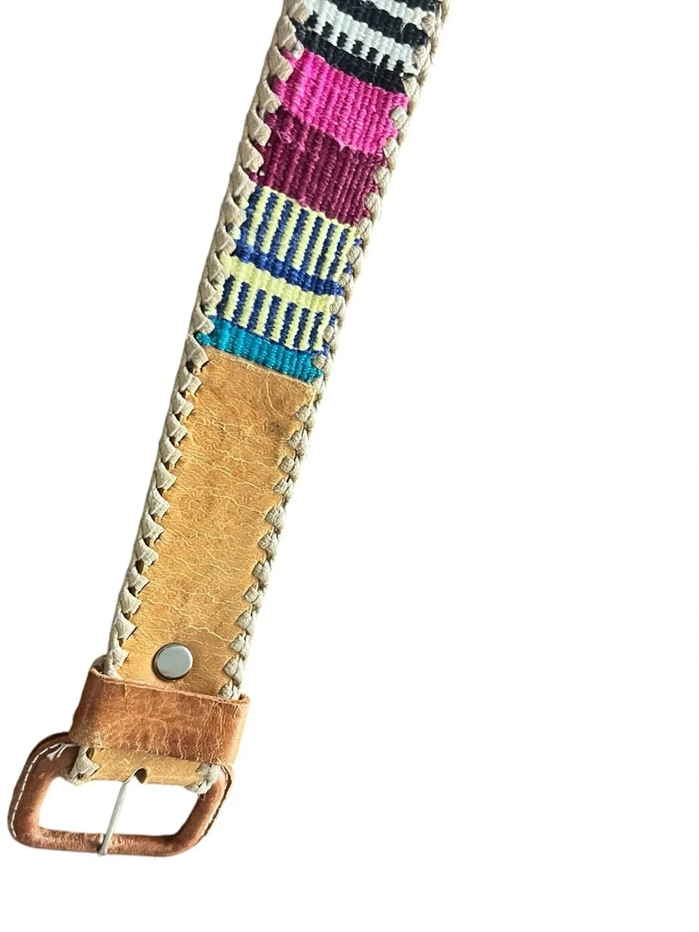 Vtg Hand Woven Belt Leather Traditional Art Guatemalan Multi Color Textile